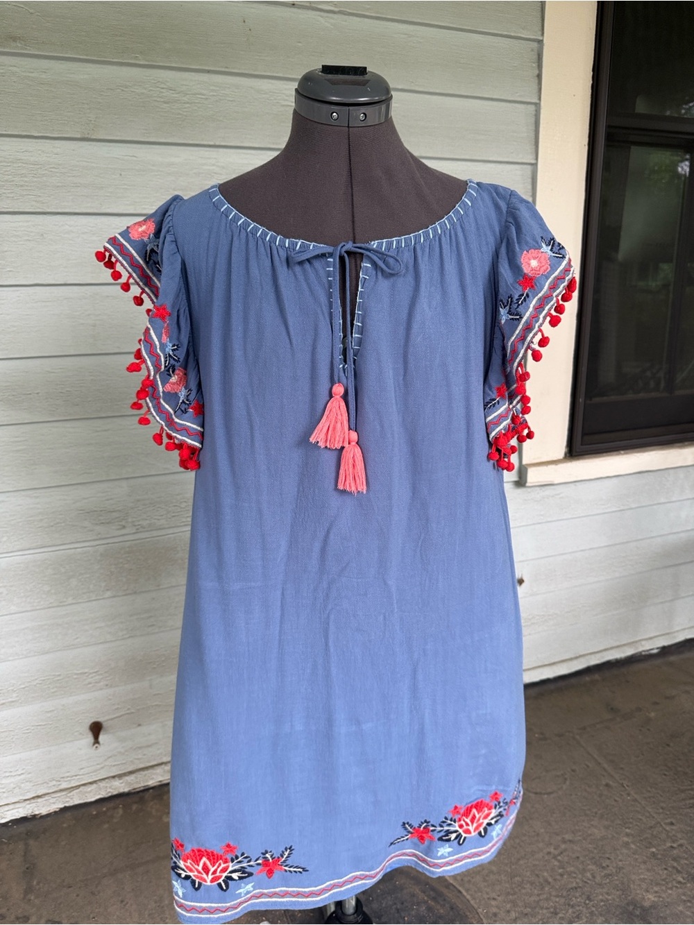 THML Blue Midi Dress with Pink Tassels and Red Embroidery